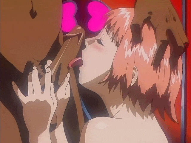 1girl 90s animated animated_gif black_skin breasts dark_skin fellatio hetero licking mezzo_forte oral penis pink_hair suzuki_mikura umetsu_yasuomi uncensored