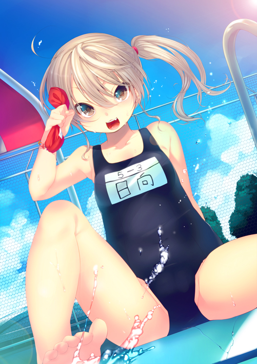 ahoge bad_id bad_pixiv_id bare_legs barefoot blue_sky blue_swimsuit blush brown_eyes cloud dancho_(dancyo) day light_brown_hair one-piece_swimsuit open_mouth original ribbon school_swimsuit side_ponytail sky smile solo swimsuit