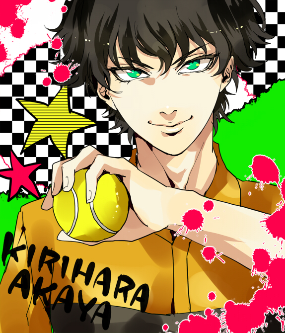 bad_id bad_pixiv_id ball black_hair character_name gashima411 green_eyes kirihara_akaya male_focus solo tennis_ball tennis_no_ouji-sama