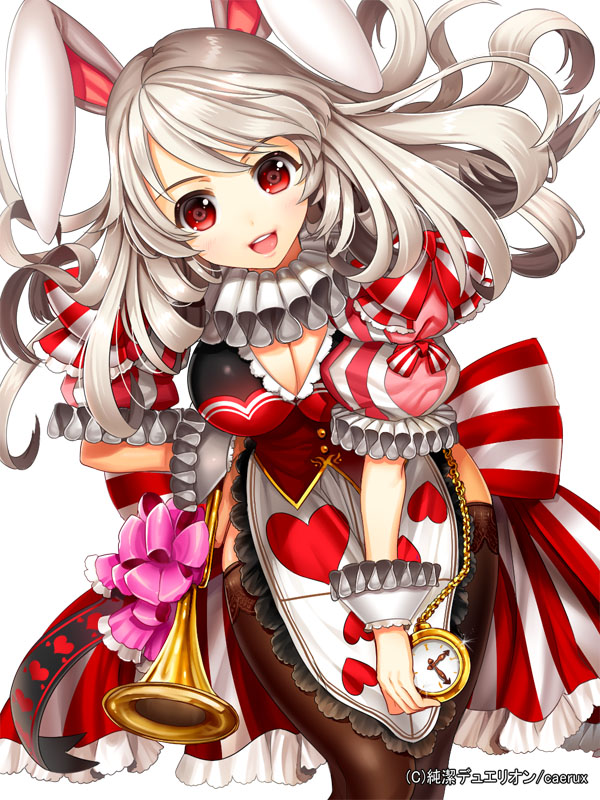 animal_ears apron bad_id bad_pixiv_id bent_over breasts bunny_ears bunnysuit cleavage ells horn_(instrument) junketsu_duelion long_hair medium_breasts open_mouth pantyhose pocket_watch red_eyes ribbon solo watch white_hair