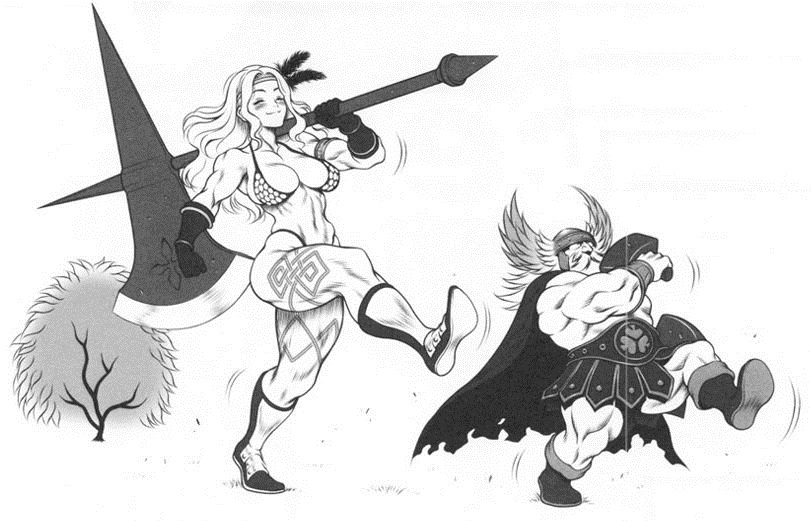 1girl amazon_(dragon's_crown) armor artist_request axe bare_shoulders beard bikini_armor black_gloves blush bracelet cloak closed_eyes dragon's_crown dwarf_(dragon's_crown) facial_hair feathers gloves greyscale hair_feathers hammer helmet jewelry long_hair monochrome muscle muscular_female mustache poleaxe simple_background smile tattoo tree walking weapon white_background