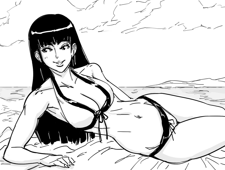 bb_(baalbuddy) beach bikini breasts cleavage dead_or_alive front-tie_top greyscale hime_cut large_breasts lei_fang long_hair lying monochrome navel ocean on_side sketch smile solo swimsuit water