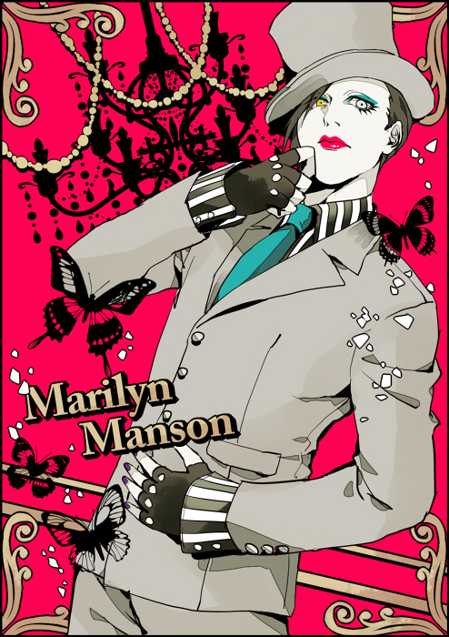 bad_id bad_pixiv_id black_hair character_name fingerless_gloves formal gashima411 gloves grey_eyes hat heterochromia lipstick makeup male_focus marilyn_manson necktie solo suit top_hat yellow_eyes