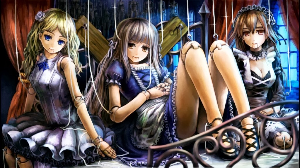 bare_shoulders bed blonde_hair blue_eyes breasts brown_eyes brown_hair cleavage doll doll_joints dragon's_crown dragon's_crown dress flower frills gothic gothic_lolita hair_flower hair_ornament lolita_fashion long_hair monster_girl multiple_girls official_art red_eyes smile white_hair