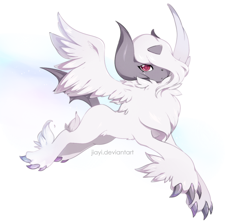 artrica feathered_wings full_body gen_3_pokemon hair_over_one_eye horns mega_absol mega_pokemon no_humans pokemon pokemon_(creature) red_eyes solo tail transparent_background watermark web_address wings