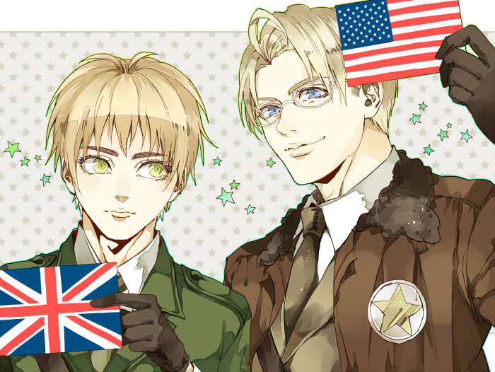 america_(hetalia) american_flag axis_powers_hetalia bad_id bad_pixiv_id blonde_hair blue_eyes bomber_jacket flag gashima411 glasses gloves green_eyes jacket multiple_boys union_jack united_kingdom_(hetalia)