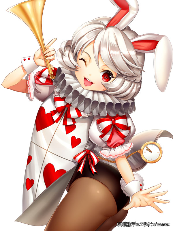 ;d animal_ears bad_id bad_pixiv_id black_legwear bunny_ears bunny_tail bunnysuit ells heart horn_(instrument) instrument junketsu_duelion looking_at_viewer one_eye_closed open_mouth pantyhose pocket_watch red_eyes short_hair smile solo tail watch white_hair wrist_cuffs