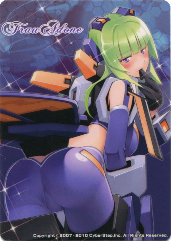 armor ass blush character_name cosmic_break frau_adone gloves green_hair leaning_forward long_hair looking_back naughty_face official_art purple_eyes skin_tight solo sparkle wakaba