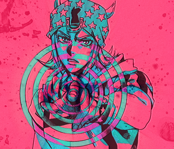 aqua concentric_circles gedoooo hat horseshoe johnny_joestar jojo_no_kimyou_na_bouken looking_at_viewer male_focus pink pointing pointing_at_viewer solo splatter spot_color star steel_ball_run upper_body wristband