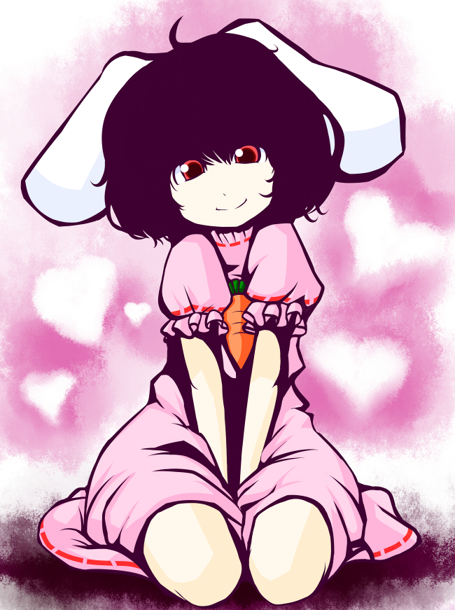 ahoge animal_ears bad_id bad_pixiv_id black_hair bunny_ears carrot dress flat_chest head_tilt heart inaba_tewi jewelry looking_at_viewer nabau pendant pink_dress puffy_short_sleeves puffy_sleeves red_eyes seiza short_hair short_sleeves sitting solo touhou v_arms