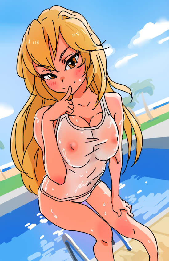 blonde_hair blue_sky blush breasts cloud covered_navel covered_nipples day dutch_angle finger_to_mouth kiriririn large_breasts long_hair one-piece_swimsuit pool pool_ladder poolside school_swimsuit see-through shokuhou_misaki sky solo swimsuit tan to_aru_majutsu_no_index wet wet_clothes white_school_swimsuit white_swimsuit yellow_eyes