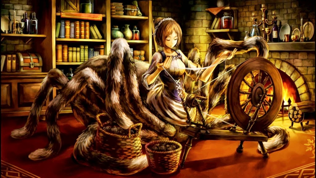 1girl basket book brown_hair carpet chest dragon's_crown dragon's_crown dress eyes_closed fireplace insect_girl monster_girl official_art reel solo spider_girl weaving