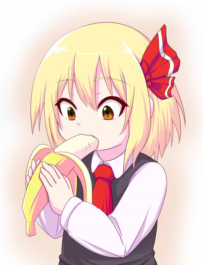 banana blonde_hair blouse eating fang food fruit hair_ribbon necktie red_eyes ribbon rumia short_hair simple_background tonbo_(11023) touhou vest