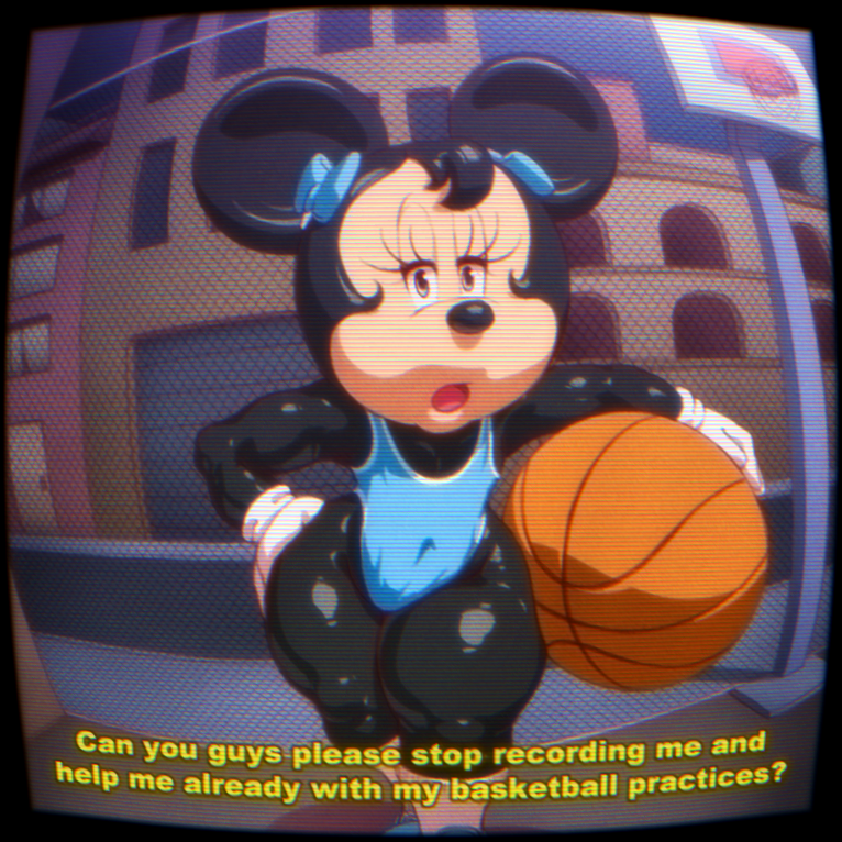 angelauxes anthro ball basketball_(ball) black_body dialogue disney english_text eyelashes female holding_object mammal minnie_mouse mouse murid murine pupils rodent short_stack solo text thick_thighs