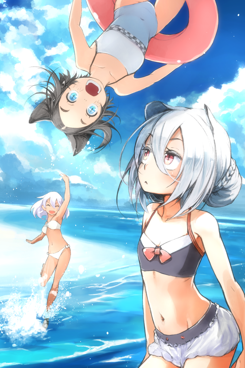 animal_ears bare_shoulders beach bikini black_hair blue_eyes blush cat_ears cloud covered_navel day flat_chest groin highres innertube long_hair looking_at_viewer multiple_girls ocean one-piece_swimsuit open_mouth original outdoors partially_submerged red_eyes revision short_hair silver_hair sky slit_pupils smile swimsuit upside-down water white_swimsuit yunar