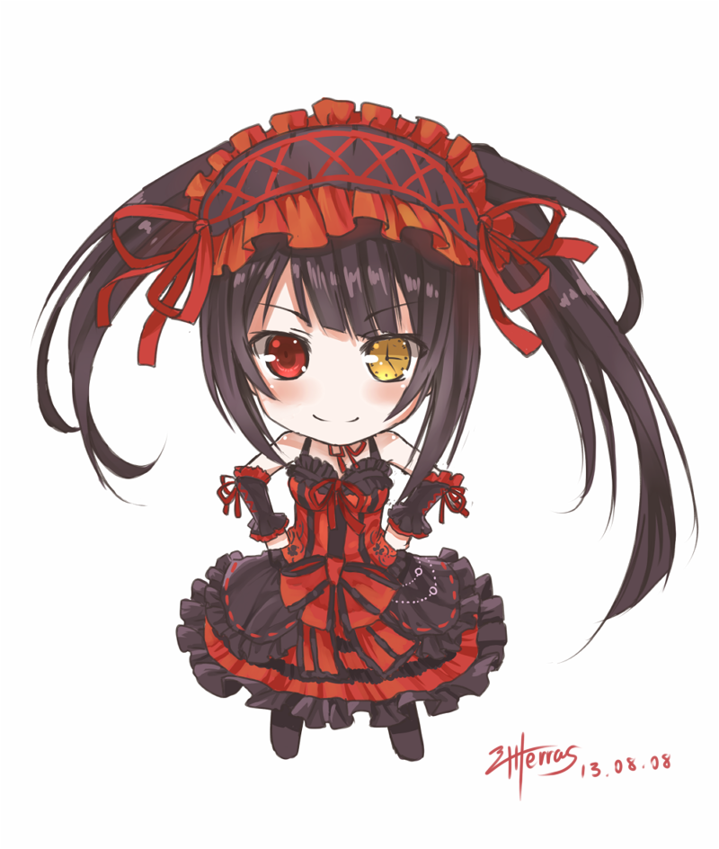 bad_id bad_pixiv_id bare_shoulders black_hair chibi clock_eyes date_a_live dated dress hairband heterochromia lolita_fashion lolita_hairband long_hair looking_at_viewer red_eyes signature simple_background smile solo symbol-shaped_pupils terras tokisaki_kurumi twintails yellow_eyes