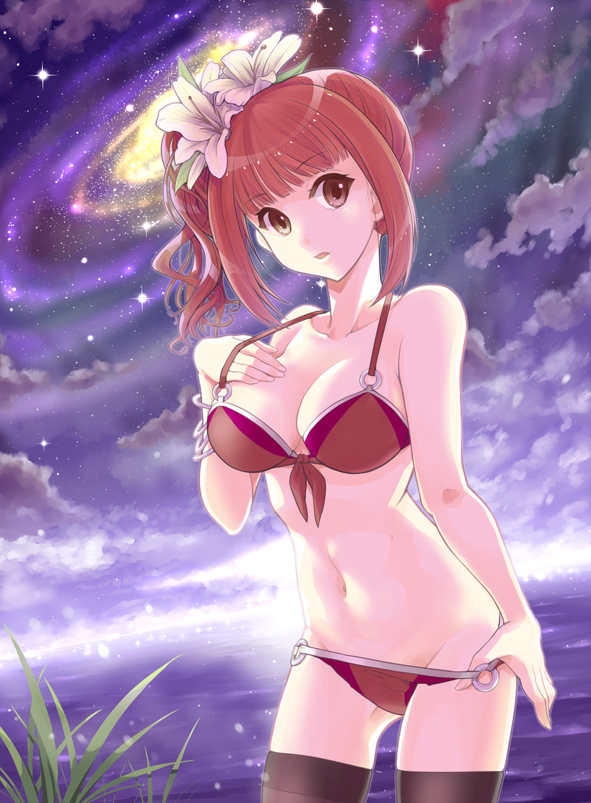 bare_shoulders bikini_pull black_legwear breasts brown_eyes front-tie_top grass kazu long_hair looking_at_viewer medium_breasts navel o-ring o-ring_bottom o-ring_top original pulled_by_self red_hair sky solo star_(sky) starry_sky thighhighs