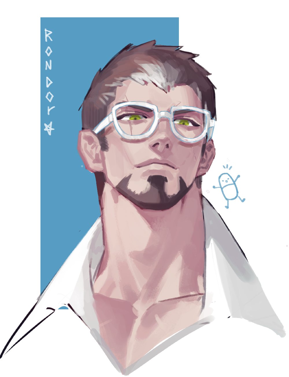 1boy adam's_apple ardbert_hylfyst bara bespectacled blending brown_hair cropped_head doodle_inset final_fantasy final_fantasy_xiv glasses green_eyes highres hyur looking_ahead male_focus mature_male neck_focus pectoral_cleavage pectorals rondor scar scar_across_eye shirt short_hair solo thick_eyebrows thick_neck white-framed_eyewear