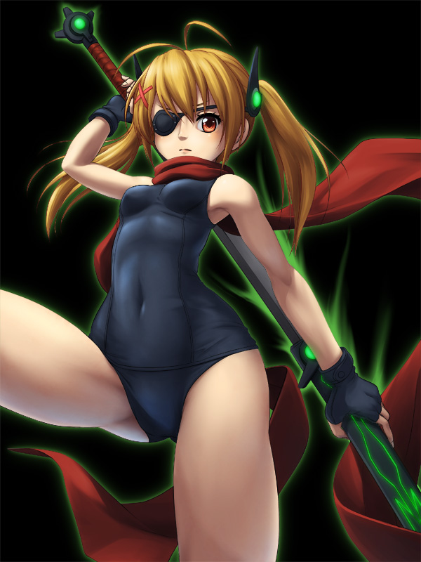 antenna_hair arm_up ass_visible_through_thighs black_background blonde_hair breasts covered_navel cowboy_shot eboshi_hikaru eyepatch fingerless_gloves gloves hair_ornament leg_lift looking_at_viewer medium_breasts one-piece_swimsuit orange_eyes original red_scarf scarf school_swimsuit simple_background solo swimsuit sword twintails weapon x_hair_ornament