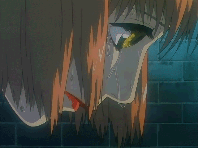 90s animated animated_gif close-up mezzo_forte pink_hair suzuki_mikura tears umetsu_yasuomi yellow_eyes