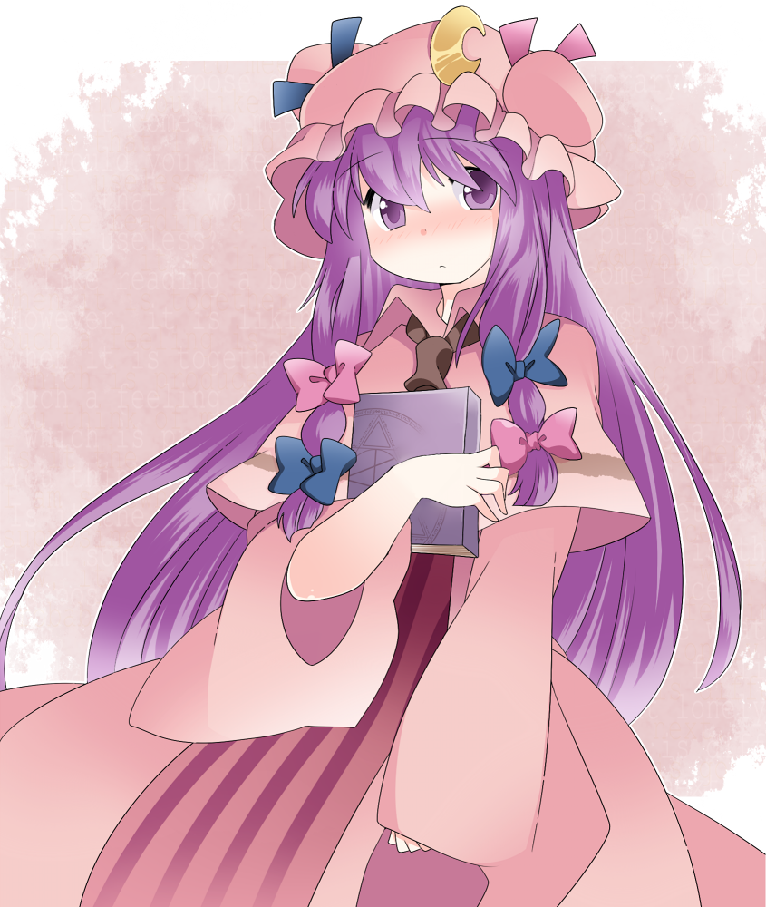 blush book crescent dress hammer_(sunset_beach) hat long_hair long_sleeves patchouli_knowledge purple_eyes purple_hair ribbon solo touhou