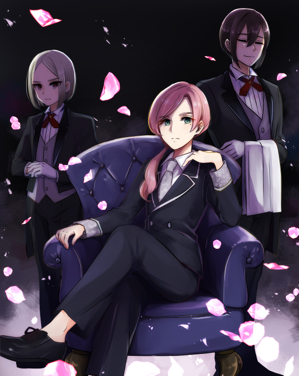 3boys black_footwear black_pants black_suit bow bowtie brown_eyes butler chair closed_eyes genderswap genderswap_(ftm) gloves green_eyes grey_vest hanazono_hahari kimi_no_koto_ga_dai_dai_dai_dai_daisuki_na_100-nin_no_kanojo long_hair long_sleeves meido_mai meido_mei mole mole_under_eye multiple_boys necktie pants paramisan ponytail red_bow red_bowtie sitting suit towel vest white_gloves