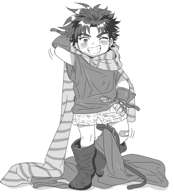 age_regression bandaid boxers greyscale grin inzup jojo_no_kimyou_na_bouken joseph_joestar_(young) male_focus male_underwear monochrome one_eye_closed oversized_clothes pants_down scarf smile solo underwear younger