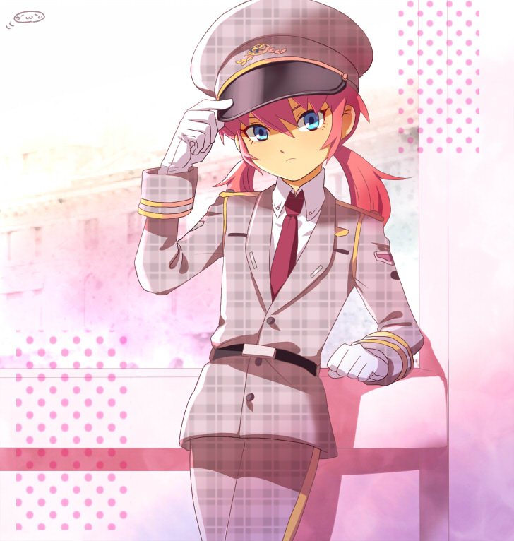 blue_eyes cowboy_shot formal gloves hat inazuma_eleven_(series) inazuma_eleven_go kirino_ranmaru male_focus mizuhara_aki necktie peaked_cap pink_hair solo twintails uniform unmoving_pattern