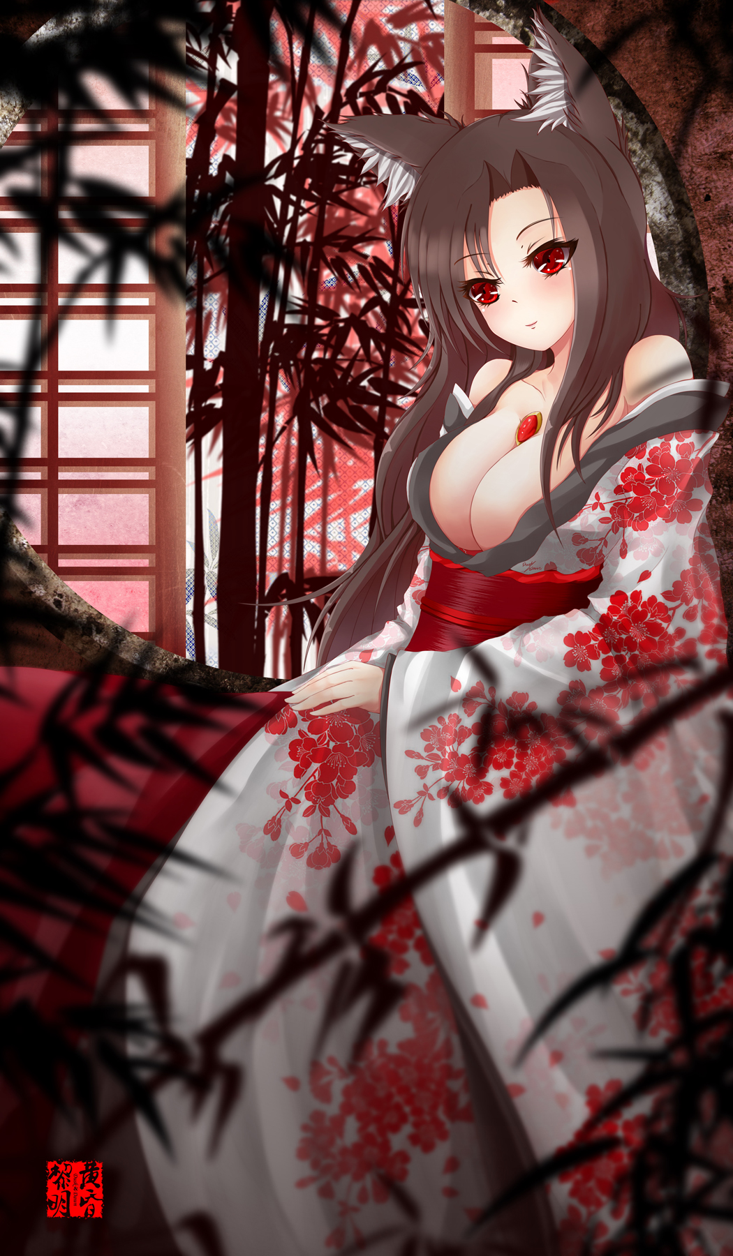 alternate_costume animal_ears bad_id bad_pixiv_id bare_shoulders breasts brooch cleavage collarbone dclockwork floral_print highres imaizumi_kagerou japanese_clothes jewelry kimono large_breasts long_sleeves obi off_shoulder red_eyes sash shirt skirt solo touhou wide_sleeves wolf_ears yukata