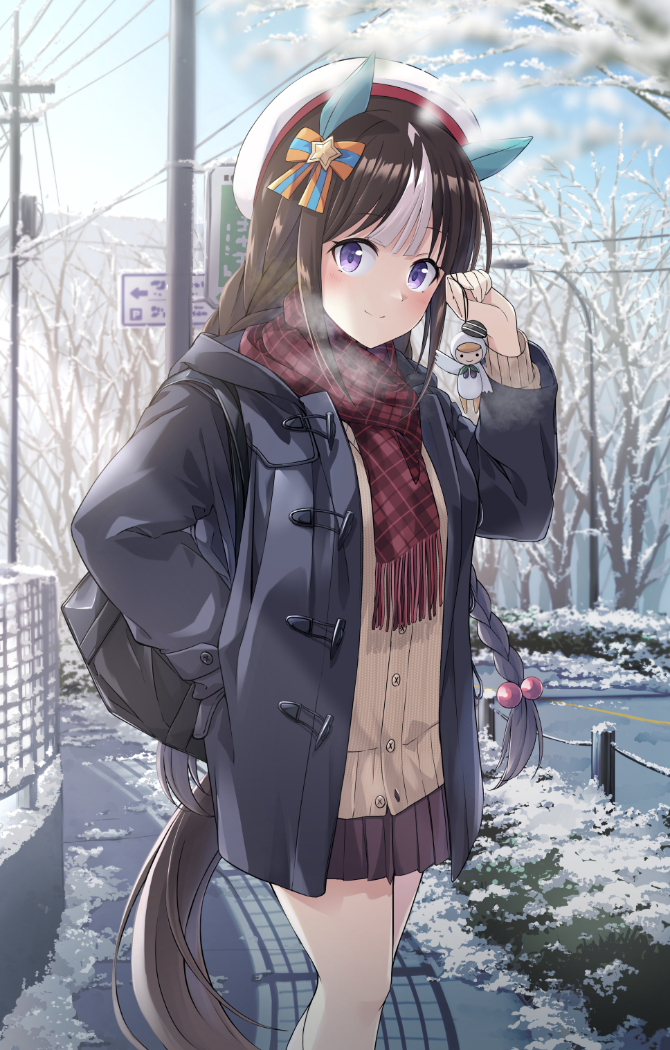 1girl animal_ears bare_tree beret black_jacket blush brown_hair brown_skirt cardigan closed_mouth day feet_out_of_frame fringe_trim hat highres hokko_tarumae_(umamusume) horse_ears horse_girl horse_tail jacket long_hair long_sleeves looking_at_viewer murasaki_himuro open_clothes open_jacket outdoors pleated_skirt power_lines purple_eyes red_scarf scarf skirt smile snow solo tail tree umamusume utility_pole white_hair white_headwear yellow_cardigan