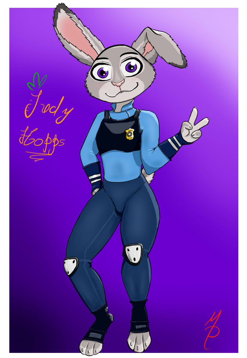anthro black_body black_fur blush clothed clothing disney female fur gesture grey_body grey_fur judy_hopps looking_at_viewer marcus_poorner multicolored_ears one_ear_up police police_badge police_officer police_uniform purple_background purple_eyes scut_tail shirt short_tail simple_background smile solo tail text topwear uniform v_sign zootopia