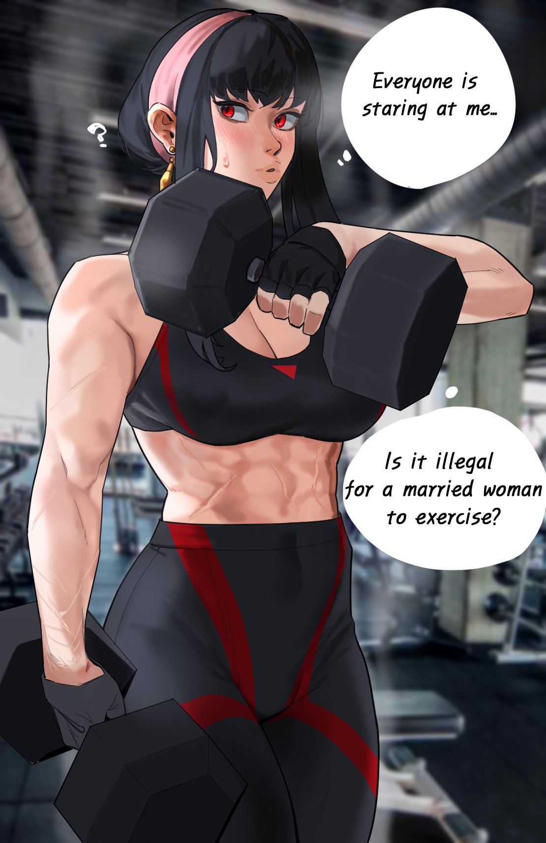 1girl ? abs black_hair blush breasts dumbbell earrings english_text fingerless_gloves gloves gym hairband highres hong_doo jewelry large_breasts long_hair looking_to_the_side muscular muscular_female pants photo_background red_eyes solo spy_x_family steam sweat thought_bubble tight_clothes tight_pants veins veiny_arms yor_briar