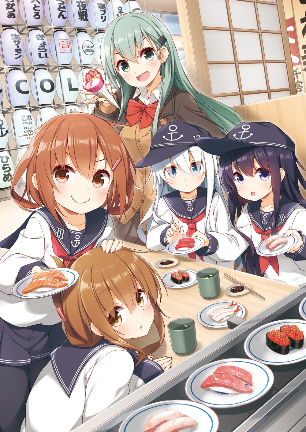 5girls akatsuki_(kancolle) anchor_symbol black_headwear black_pantyhose black_sailor_collar black_skirt blue_eyes blush brown_cardigan brown_eyes brown_hair brown_jacket cardigan chopsticks closed_mouth collared_shirt cup flat_chest folded_ponytail food green_eyes green_hair grey_hair hair_between_eyes hair_ornament hairclip hibiki_(kancolle) highres holding holding_food holding_plate ice_cream ikazuchi_(kancolle) inazuma_(kancolle) indoors jacket kantai_collection long_hair long_sleeves looking_at_viewer multiple_girls neck_ribbon neckerchief open_clothes open_jacket open_mouth pantyhose parted_lips plate pleated_skirt purple_eyes purple_hair red_neckerchief red_ribbon ribbon sailor_collar school_uniform serafuku shirt short_hair skirt smile sushi suzuya_(kancolle) suzuya_kai_ni_(kancolle) water white_shirt yume_no_owari