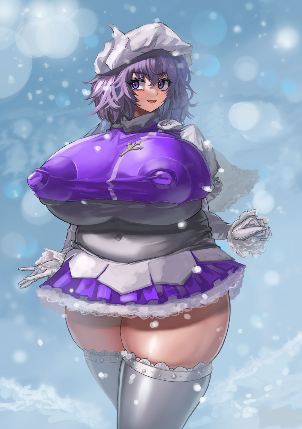 1girl breasts commentary covered_navel covered_nipples curvy highres huge_breasts letty_whiterock long_sleeves looking_at_viewer masahiro_(toshigoum) outdoors plump polearm purple_headwear snow snowing solo thighhighs thighs touhou trident weapon white_headwear white_thighhighs