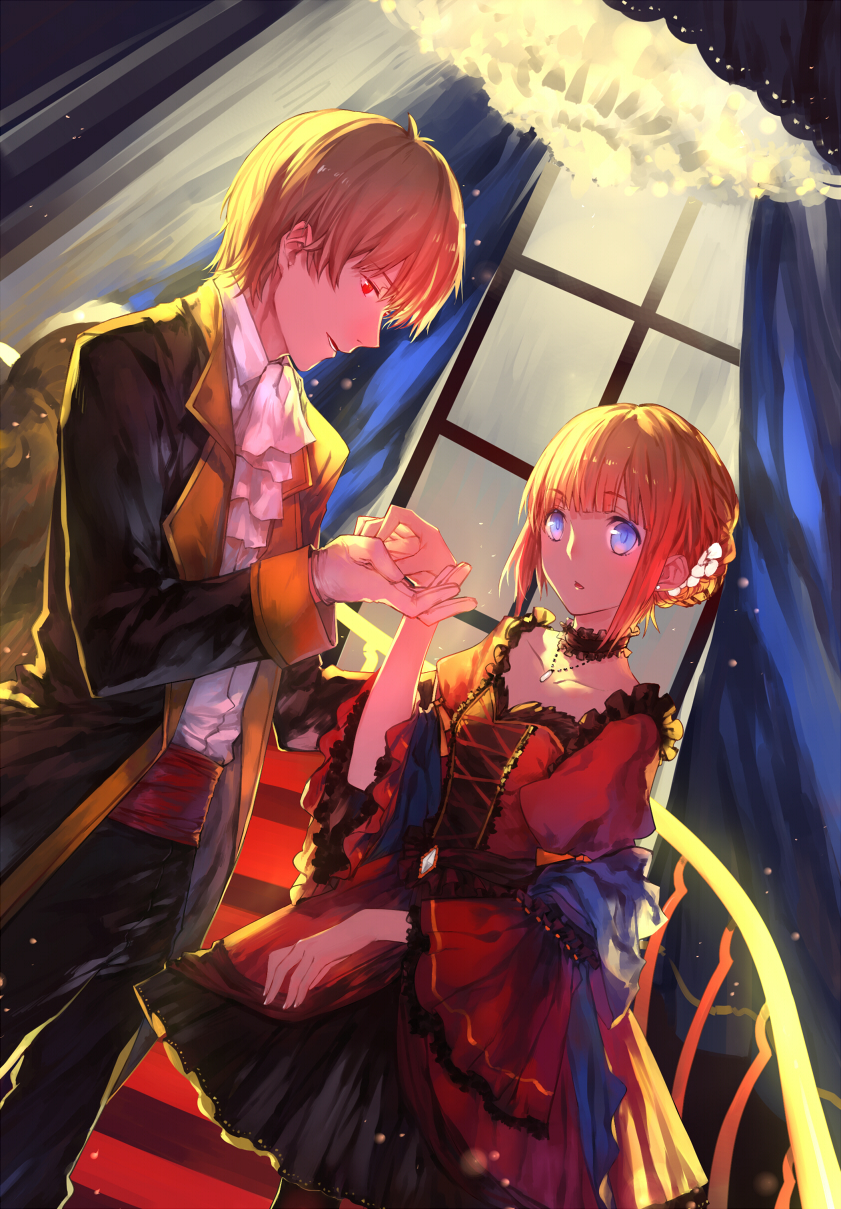 1girl bangs blue_eyes blunt_bangs braid brooch brown_hair chandelier choker coat collarbone couple cravat cross-laced_clothes curtains dress dress_shirt dutch_angle flower formal frills gintama gloves hair_bun hair_flower hair_ornament hands hetero highres holding_hands jewelry kagura_(gintama) light_particles long_coat long_sleeves necklace okita_sougo parted_lips puffy_long_sleeves puffy_sleeves red_dress red_eyes red_hair sash shawl shirt short_dress short_hair stairs w_w_w_wloveless white_gloves window