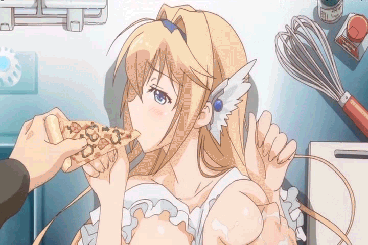 animated animated_gif apron blonde_hair bounce bouncing_breasts breast_grab breasts censored cum elcia_harvence food grabbing koikishi_purely_kiss lactation large_breasts long_hair naked_apron nipples pizza sex spread_legs vaginal