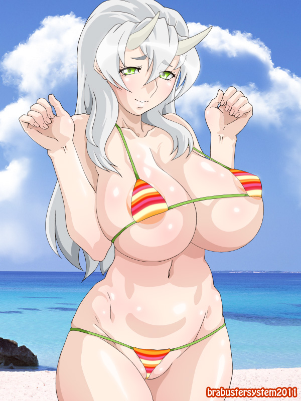 brabustersystem breasts demon_girl green_eyes horns large_breasts magutan succubus white_hair