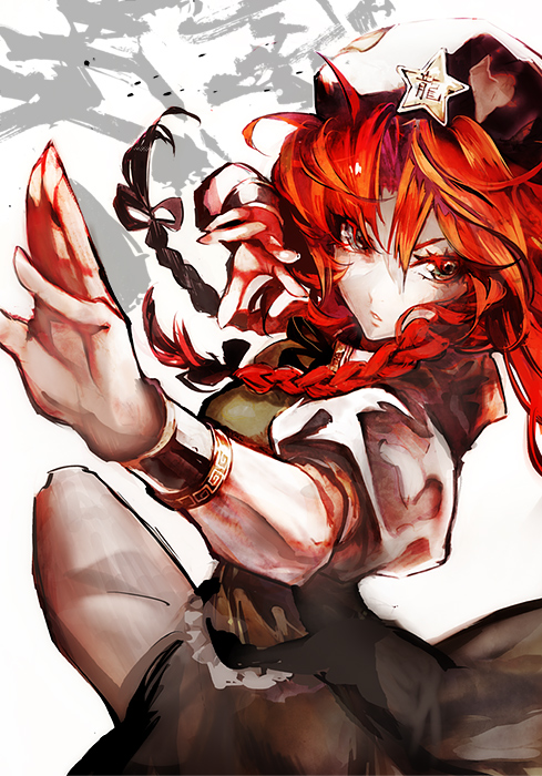 bad_id bad_pixiv_id banpai_akira bow braid fighting_stance hair_bow hat hong_meiling long_hair looking_at_viewer red_eyes red_hair sketch solo star touhou twin_braids