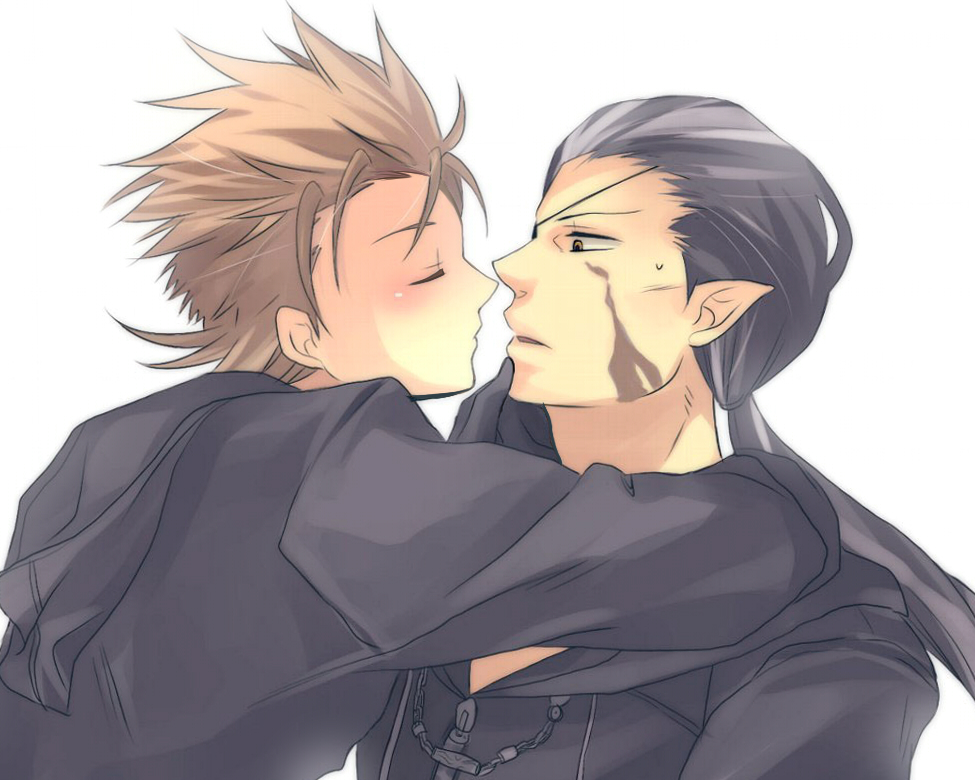 2boys arm_around_neck black_coat black_coat_(kingdom_hearts) black_gloves black_hair black_hood blush brown_hair closed_eyes coat commentary_request demyx eyepatch facing_to_the_side gloves hand_on_another's_chin hood hood_down hooded_coat imminent_kiss kingdom_hearts kingdom_hearts_ii long_hair long_sleeves looking_at_another low_ponytail male_focus minatoya_mozuku multicolored_hair multiple_boys parted_lips pointy_ears simple_background spiked_hair streaked_hair sweatdrop upper_body white_background xigbar yaoi yellow_eyes