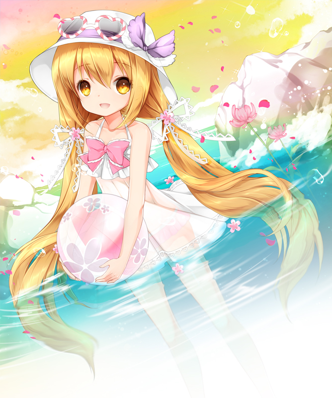 bad_id bad_pixiv_id ball brown_hair dress flower happy hat juna long_hair original petals sky solo standing sunglasses twintails wading water yellow_eyes