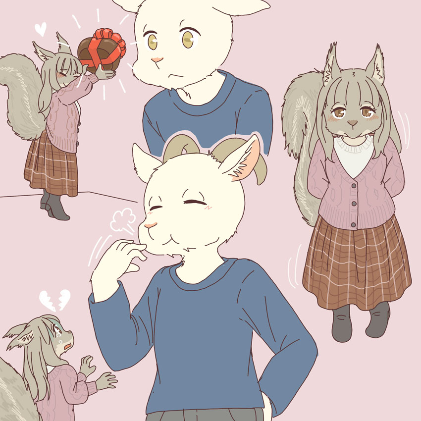 &lt;/3 &lt;3 anthro bovid caprine clothed clothing duo eating ekaki510 female gift_wrapped goat grey_squirrel holidays horn kemono larger_male male mammal offering_candy rodent sciurid size_difference smaller_female tree_squirrel valentine's_day