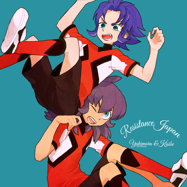 blue_eyes character_name green_eyes inazuma_eleven_(series) inazuma_eleven_go inazuma_eleven_go_galaxy kishibe_taiga l_hakase long_hair male_focus multiple_boys open_mouth purple_hair resistance_japan simple_background soccer_uniform sportswear wince yukimura_hyouga