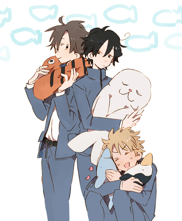 3boys ahoge belt belt_buckle black_belt black_hair blue_jacket blue_sleeves brown_hair buckle closed_eyes closed_mouth collared_jacket crossed_arms feet_out_of_frame fingernails fish_background frown h_kawa heart high_collar holding holding_stuffed_toy hugging_object jacket knees_up layered_sleeves light_blush long_sleeves looking_at_another male_focus multiple_boys open_clothes open_jacket open_mouth original school_uniform shirt short_hair simple_background sitting smile stuffed_animal stuffed_dolphin stuffed_fish stuffed_penguin stuffed_seal stuffed_toy v-shaped_eyebrows white_background white_shirt