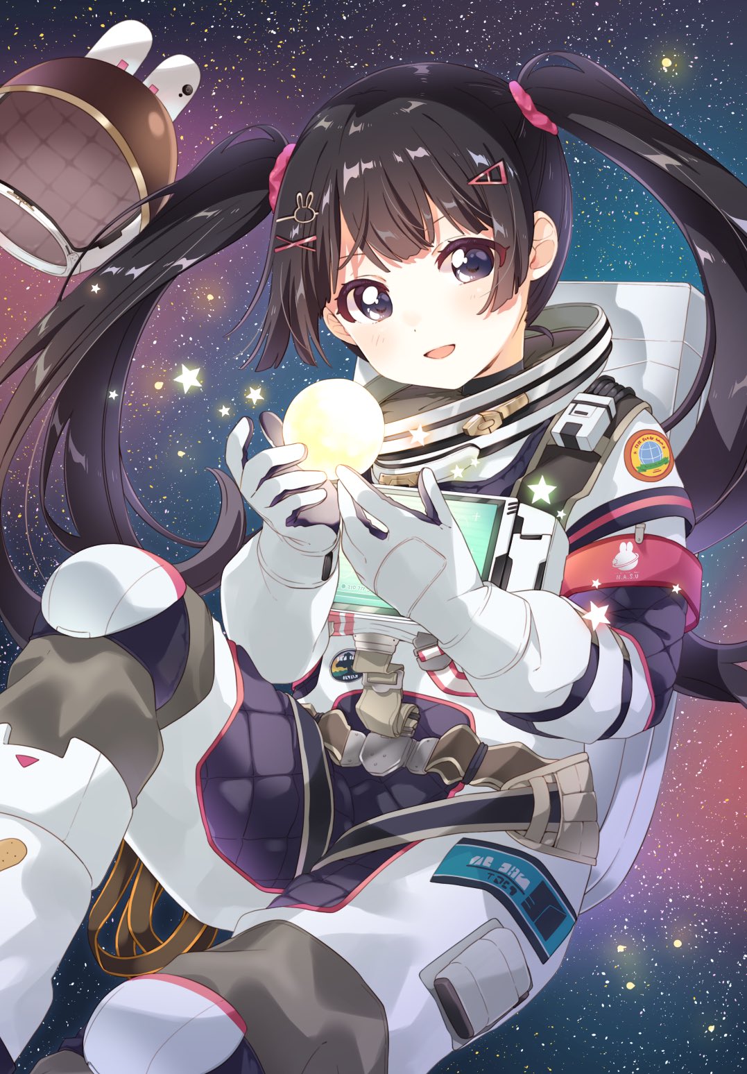1girl animal_ears astronaut black_eyes black_hair blunt_bangs blunt_ends blush fake_animal_ears floating floating_object full_moon hair_ornament hairclip helmet highres holding_moon long_hair looking_at_viewer mechanical_ears moon namori nijisanji no_headwear official_alternate_costume open_mouth rabbit rabbit_ears rabbit_hair_ornament screen smile solo space space_helmet spacesuit star_(sky) star_(symbol) starry_background triangle_hair_ornament tsukino_mito twintails virtual_youtuber x_hair_ornament