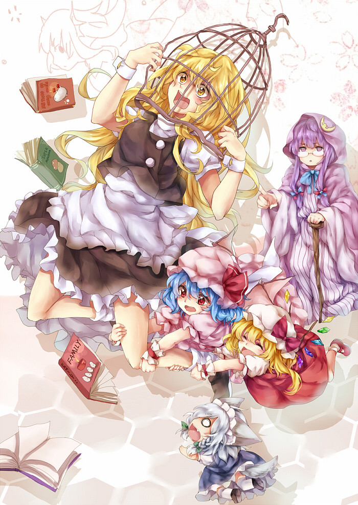 animal_ears animalization bad_id bad_pixiv_id bat_wings blonde_hair blue_hair book bow braid cage fang flandre_scarlet grabbing hair_bow happy hat head_fins izayoi_sakuya kirisame_marisa long_hair maid moon multiple_girls patchouli_knowledge purple_hair remilia_scarlet ribbon short_hair side_ponytail smile tail touhou white_hair wings yudaoshan