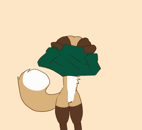 4_fingers animated anthro averi_(fiddleafox) bangs blinking bottomless brown_background brown_body brown_fur brown_hair brown_nose canid canine chest_tuft clothed clothing dipstick_tail dressing featureless_chest featureless_crotch female female_anthro fiddleafox fingers fox fur gloves_(marking) green_eyes hair hand_on_hip leg_markings long_hair looking_at_viewer mammal markings multicolored_body multicolored_fur no_sound raised_arm raised_arms short_playtime simple_background smile socks_(marking) solo standing sweater tail tail_markings tail_motion tailwag topwear tuft turtleneck two_tone_body two_tone_fur white_body white_fur