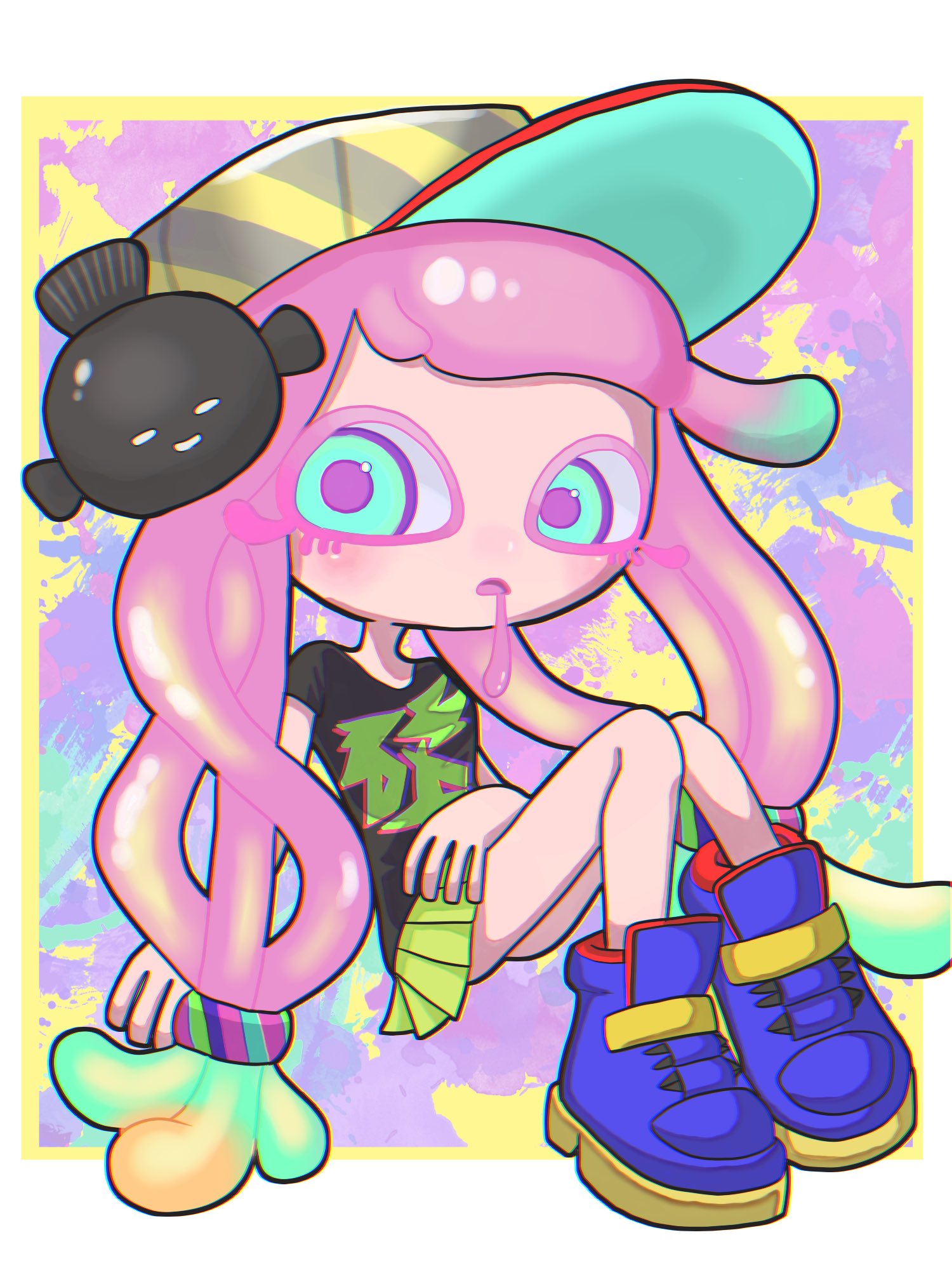 1girl baseball_cap black_shirt blue_footwear border commentary_request green_eyes harmony_(splatoon) hat highres long_hair low-tied_long_hair mina_p multicolored_background multicolored_hair pink_hair pleated_skirt purple_pupils shirt shoes sitting skirt splatoon_(series) splatoon_3 white_border