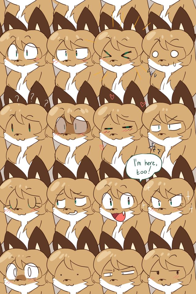 &gt;_&lt; &lt;3 :3 anthro averi_(fiddleafox) blush bodily_fluids brown_body brown_fur brown_hair brown_nose canid canine clone cute_fangs dialogue emanata english_text eyebrow_through_hair eyebrows eyelashes eyes_closed female female_anthro fiddleafox fox frown fur green_eyes grey_background group hair long_hair looking_aside looking_at_viewer mammal multicolored_body multicolored_fur no_pupils open_mouth question_mark shadow simple_background smile solo sparkles speech_bubble sweat sweatdrop teeth text translucent translucent_hair two_tone_body two_tone_fur white_body white_fur