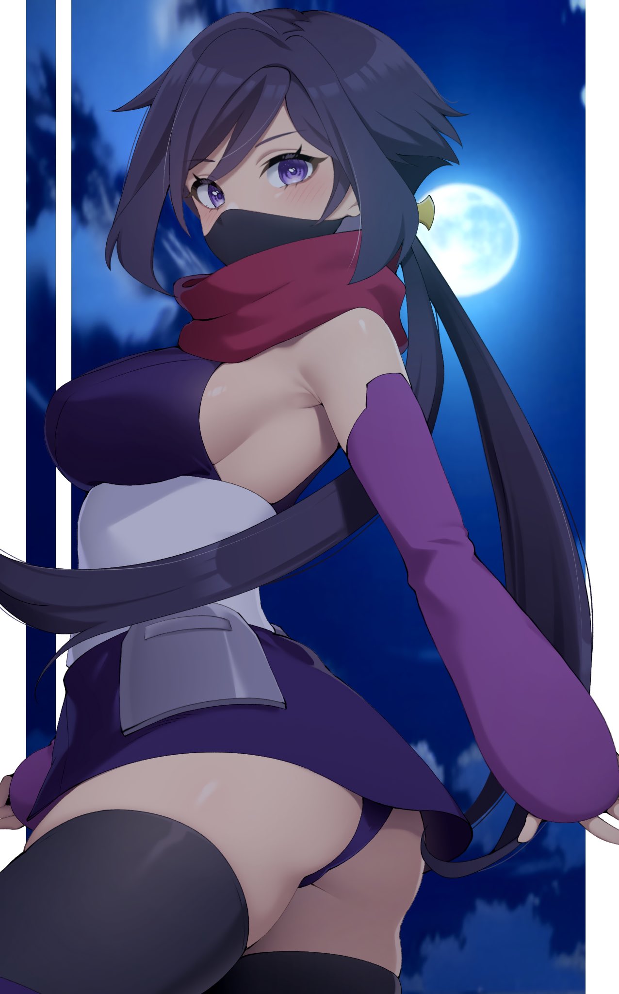 1girl armpits ass ayame_(gundam_build_divers) bare_shoulders black_thighhighs blue_hair blush breasts campbell_xx commentary detached_sleeves from_side full_moon gundam gundam_build_divers hair_between_eyes highres japanese_clothes kimono long_hair looking_at_viewer low_twintails mask moon mouth_mask night night_sky ninja obijime purple_eyes purple_kimono purple_sleeves red_scarf scarf short_kimono sideboob sky sleeveless sleeveless_kimono solo thick_thighs thighhighs thighs twintails