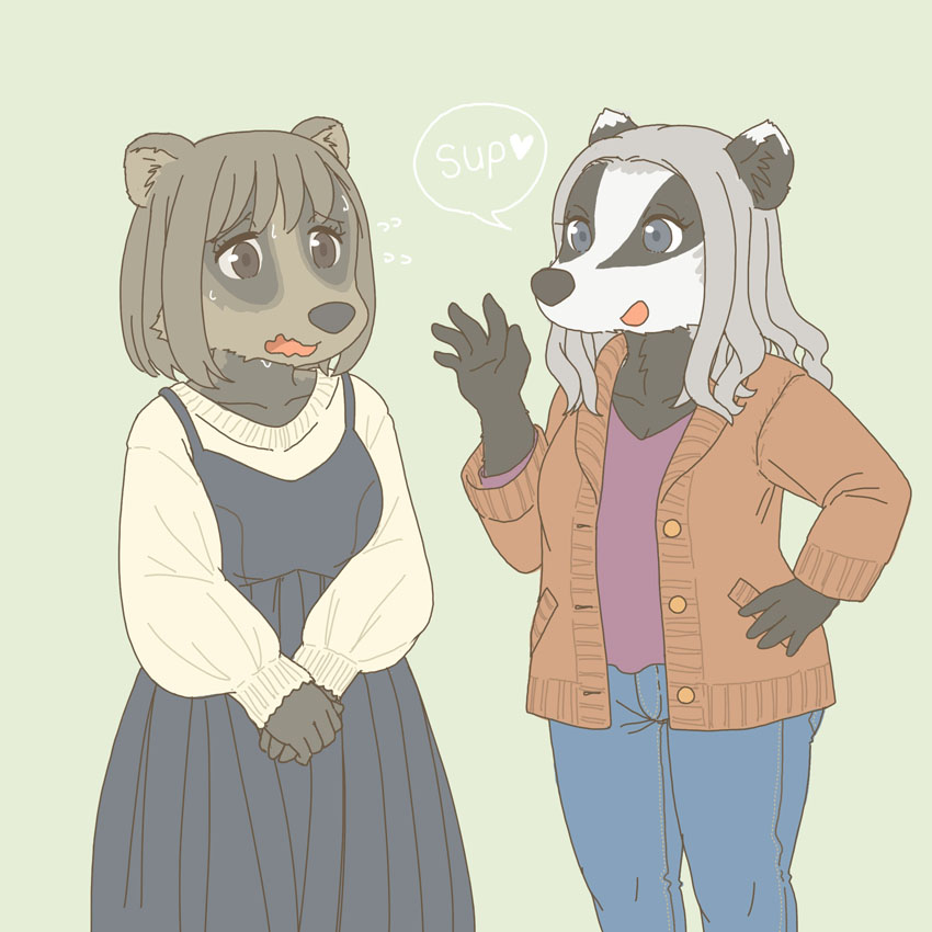 anthro badger clothed clothing duo ekaki510 english_text european_badger female japanese_badger kemono mammal meles mustelid musteline text